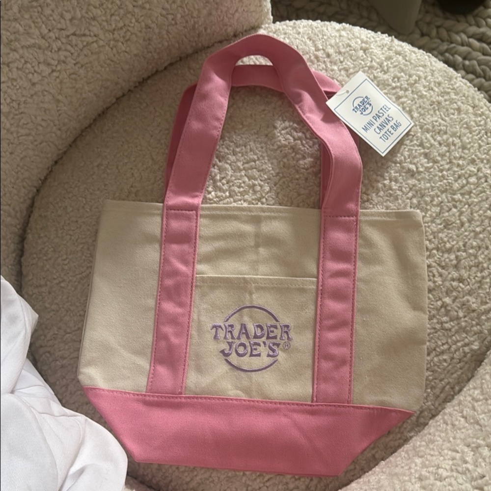 Trader Joe’s Pastel Mini Pink Canvas Tote Bag . Pink and Cream